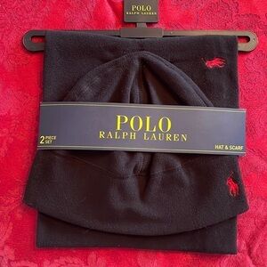 Brand New Polo Ralph Lauren Black Fleece 2-Piece Hat & Scarf Set Red Pony
